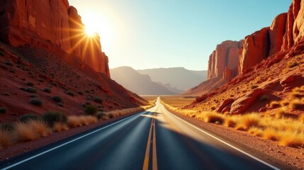 A scenic highway cuts through a vibrant desert landscape, bathed in the golden light of a setting sun, with towering red rock formations framing the path ahead, promising adventure and exploration