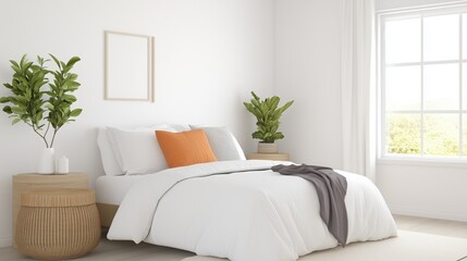 Serene Bedroom: A minimalist bedroom interior featuring a comfortable bed with pillows, a framed wall art, lush green plants, and a window with natural light, creating a peaceful atmosphere.