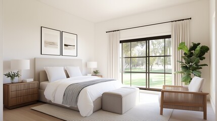 Serene Bedroom Retreat: Capturing the essence of relaxation in a modern bedroom, a spacious room is filled with natural light, showcasing a meticulously designed space of rest and comfort. 