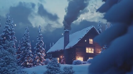 Cozy Winter Cabin in Snowy Forest at Night Illuminated Windows Christmas Eve Atmosphere