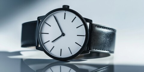 Elegant Simple Wristwatch with Round Dial and Black Leather Strap