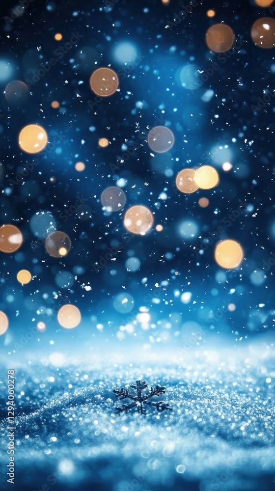 Poster ethereal winter scene with falling snow and bokeh lights creating a magical and festive atmosphere o