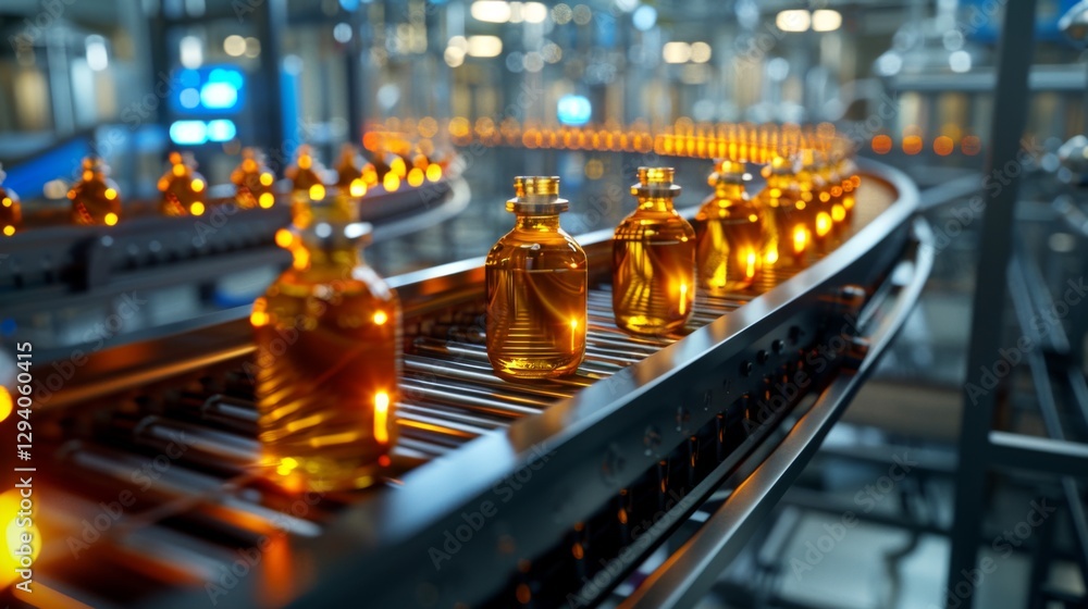 Poster bottles filled with oil move along a conveyor belt in a well lit factory. the warm glow of the bottl