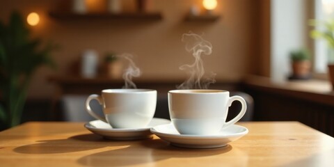 Obraz premium Two steaming cups of hot beverage on a wooden table in a relaxed cafe setting