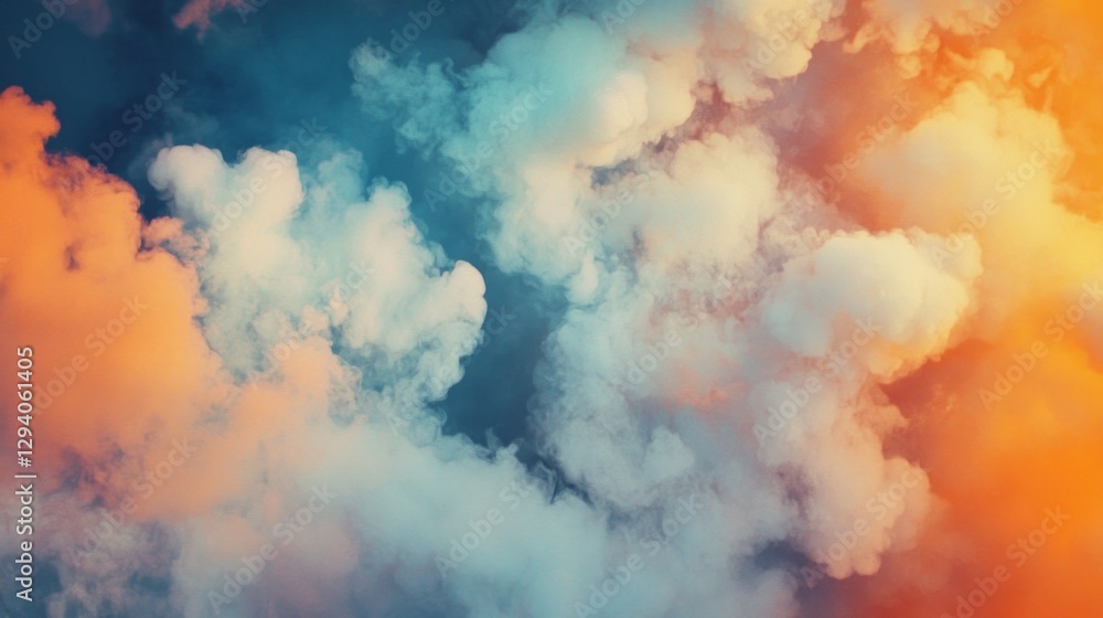Poster a stunning display of clouds fills the sky with a swirling mix of blue and orange shades at dusk, ca