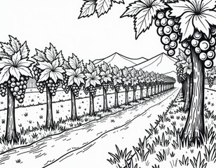 Black and White Vineyard Illustration Grapes, Vines, and Country Road