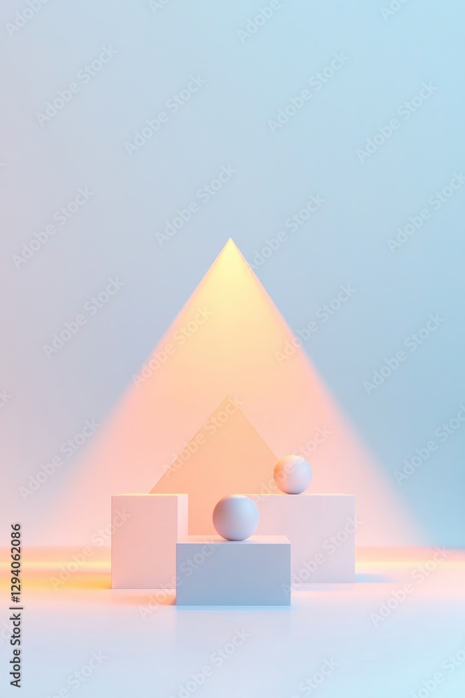 Poster minimalist geometric podium featuring shapes like triangles and spheres illuminated in soft lighting