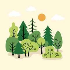 Green forest landscape. Simple and flat design. Vector elements for a poster, banner, or card. Trees icons 