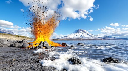 Dramatic Volcanic Eruption into Ocean with Snow capped Mountain Background
