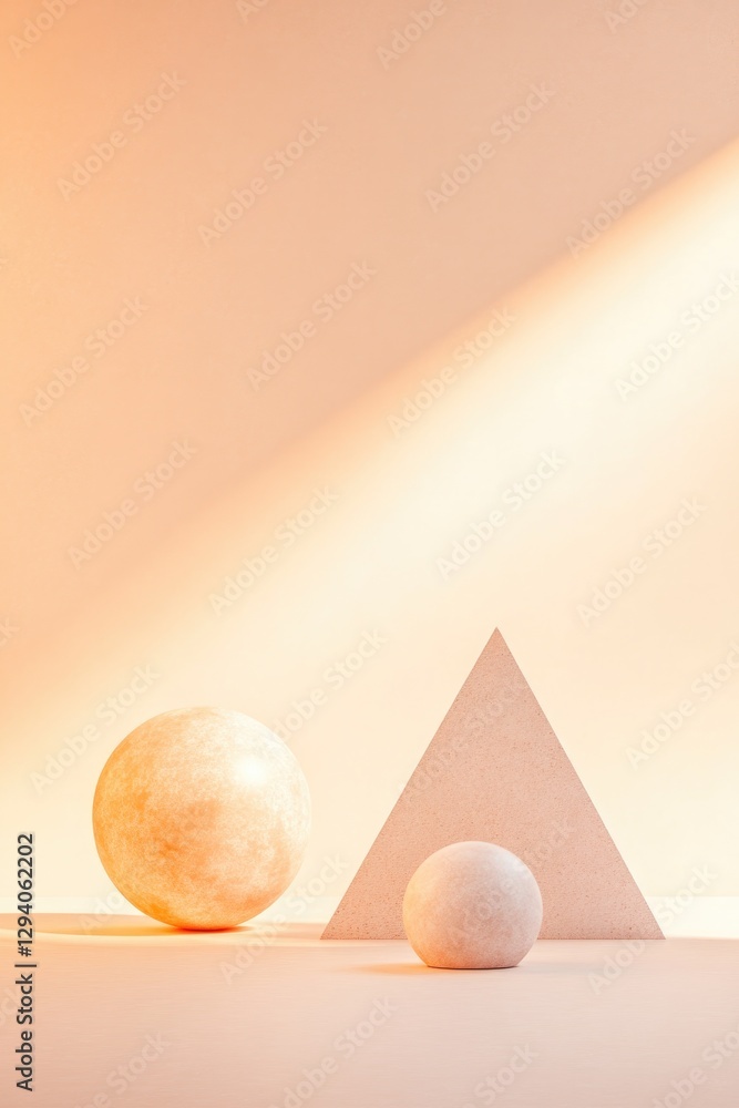 Poster minimalist geometric podium featuring shapes like triangles and spheres illuminated in soft lighting