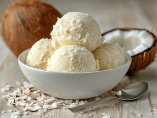 Coconut ice cream delight kitchen food photography rustic setting close-up culinary indulgence