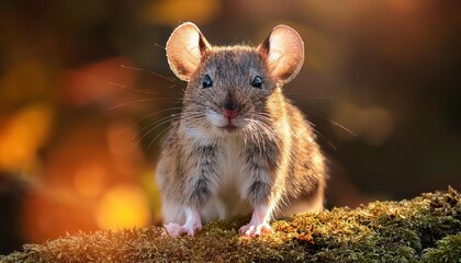 Agile Forest Dweller A Vibrant Rodent in Focus, Caught Midpose Against the Backdrop of a Mossy Woodland at Twilight.