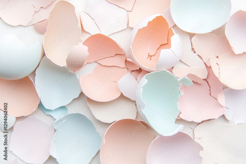 Poster modern and artistic close-up of broken pastel eggshells arranged in radial pattern their textures hi