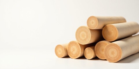 Neatly Stacked Light Brown Wooden Cylinders on a White Background