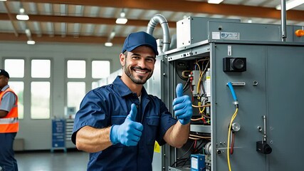 Smiling Technician Giving Thumbs Up While Repairing Industrial Electrical Panel in a Modern Facility with Professional Tools

