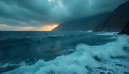 Obraz premium Un espectacular paisaje marino bajo un cielo tormentoso, con una vasta extensión de océano turbulento en primer plano. El agua es de un azul profundo y oscuro, con crestas blancas y olas espumosas