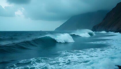 Fototapeta premium Un espectacular paisaje marino bajo un cielo tormentoso, con una vasta extensión de océano turbulento en primer plano. El agua es de un azul profundo y oscuro, con crestas blancas y olas espumosas