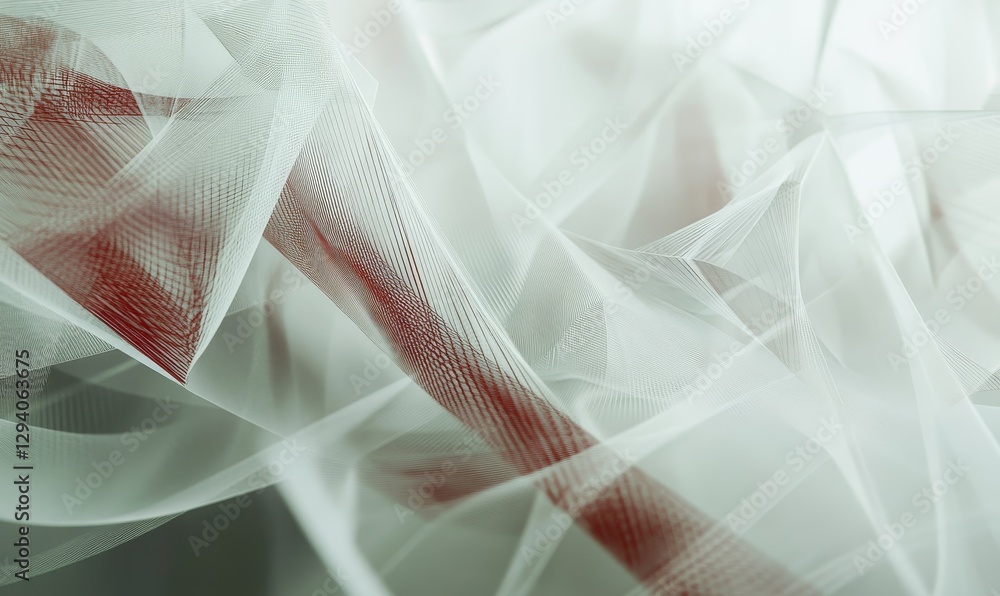 Poster delicate abstract white fabric flows with red threads.