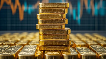 Gold bars stacked, financial chart background, investment