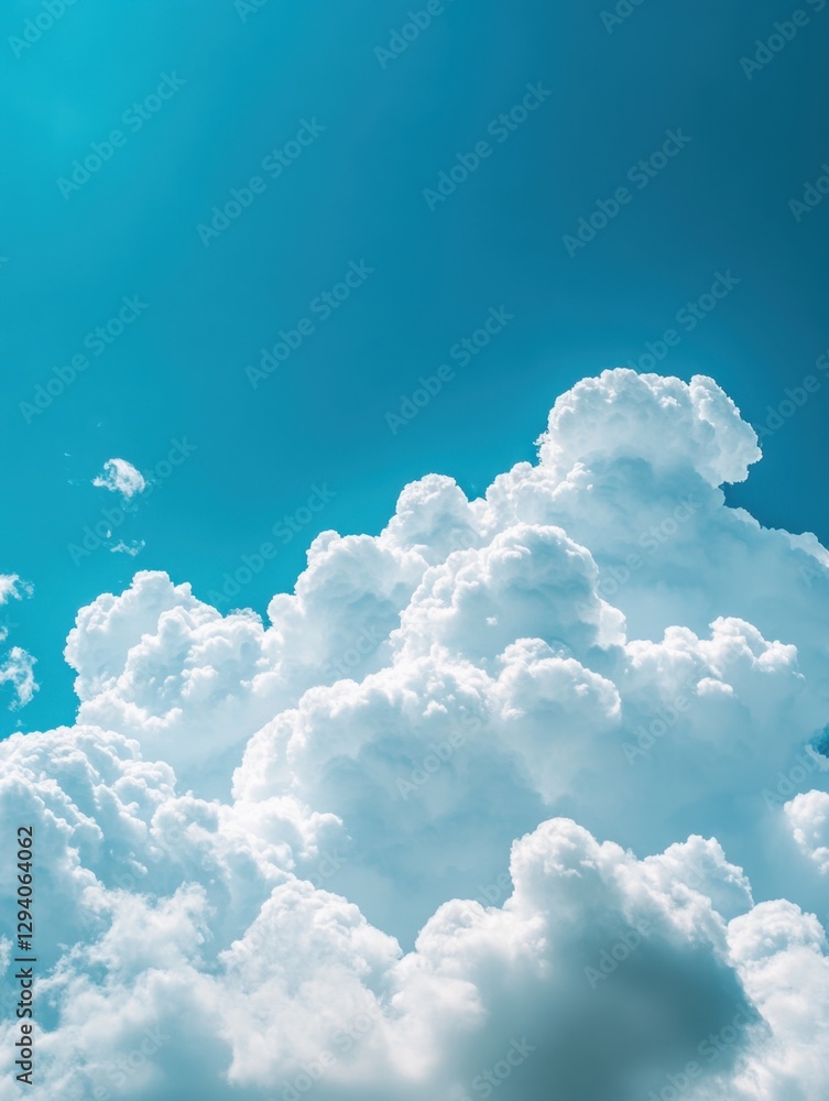 Poster serene skyward view capturing fluffy cumulus clouds against azure backdrop in daylight radiating tra