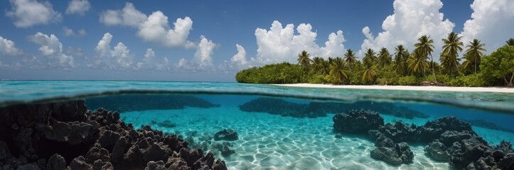 Fototapeta premium Stunning Tropical Beach Paradise View. Clear Waters and Palm Trees Above Sea