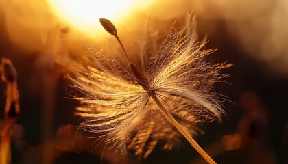 Macro shot of a dandelion seed with delicate filaments, glowing softly in golden light, each individual strand visible in 8K detail.