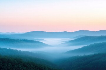 Obraz premium serene untouched landscape presenting soft light of dawn over tranquil forested valley