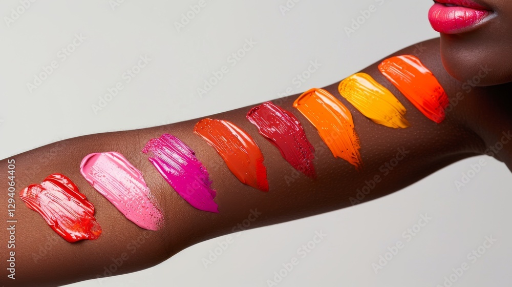 Poster various bold lip colors are applied in strokes on a model's arm, highlighting a range of hues from r