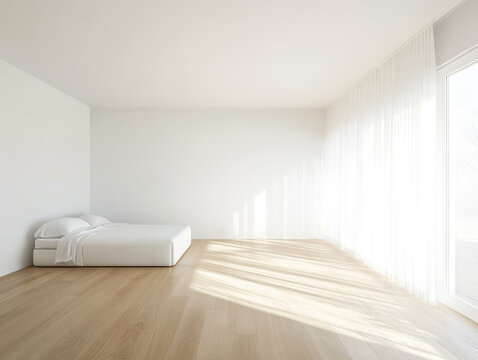 Minimalist bedroom with natural light and neutral colors in modern interior design