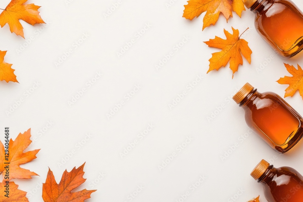 Aufkleber simple clean arrangement of syrup bottles and maple leaves on plain white background emphasizing min