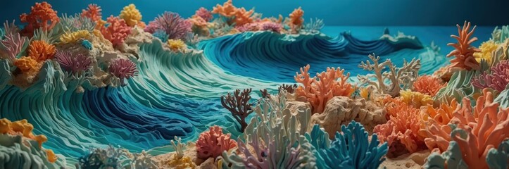 Vibrant Coral Reef Scene With Ocean Wave, Colorful Marine Life Scenery