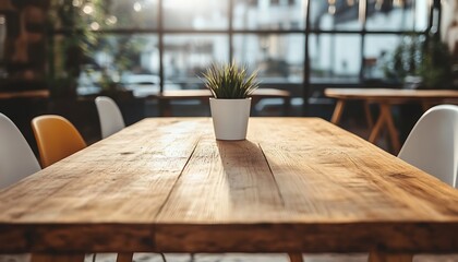 A wooden table with a small potted plant and chairs