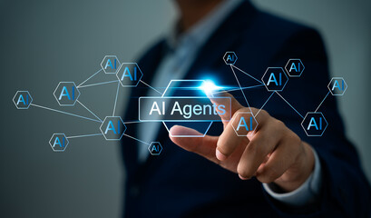 Multi agent AI systems, Businessman holding AI agents, AI driven solutions streamline workflows,...