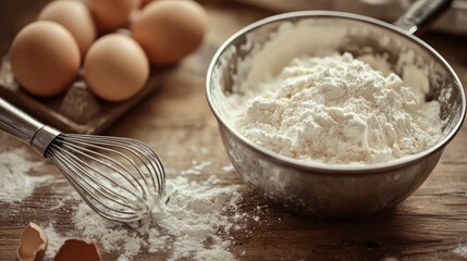 Vintage hand-crank egg beater resting beside a bowl of freshly mixed batter on a wooden surface.