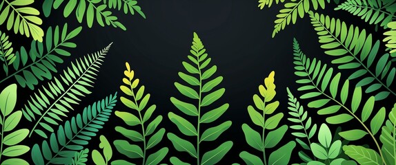 green fern leaves abstract cartoon on plain dark black background illustration