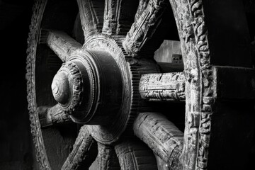 Chariot Wheel: Ancient Stone Carving on Konark Sun Temple, Odisha, India