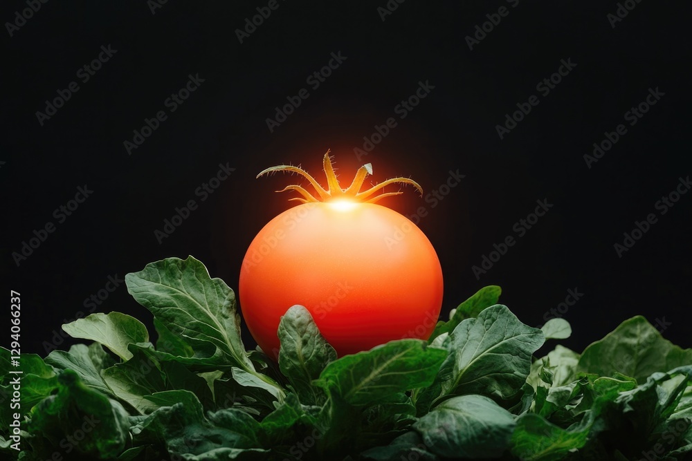 Aufkleber surreal image of vegetables arranged like solar system orbiting glowing central tomato with wide cop