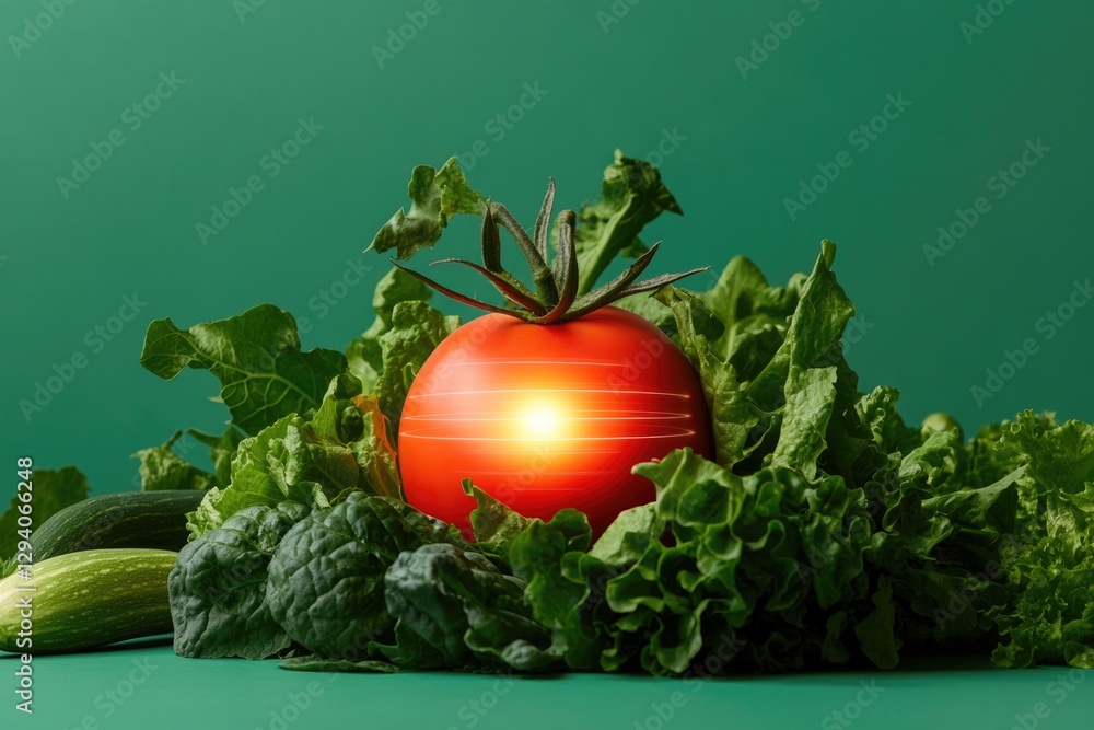 Aufkleber surreal image of vegetables arranged like solar system orbiting glowing central tomato with wide cop