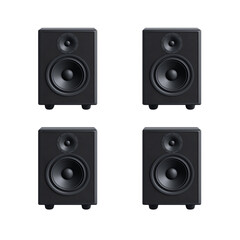  Four black bookshelf speakers in different angles, on a transparent  background, png png