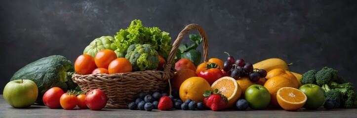 Abundance Basket Fruits Vegetables Still Life. Fresh Produce Display. Healthy Eating, Balanced Nutrition.