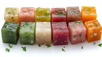 Delicious bouillon cubes on white background