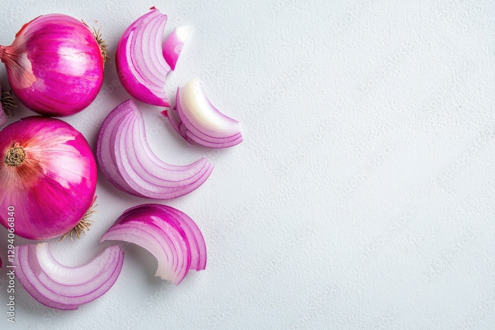 Poster vibrant photo of sliced red onion displayed on plain white surface with intricate textures and gener