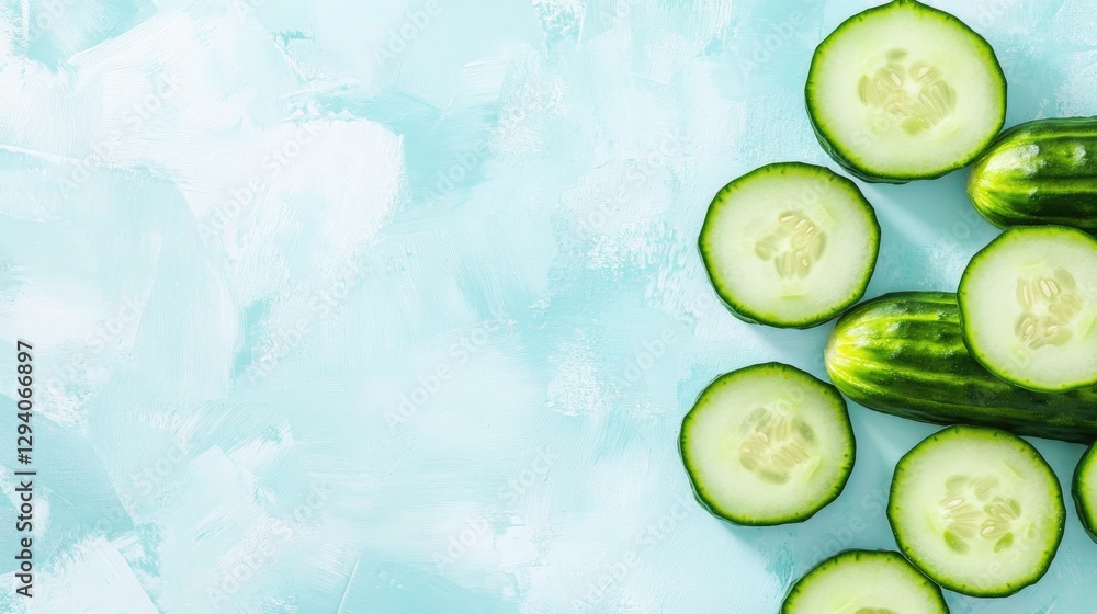 Poster vibrant rendering of sliced cucumbers arranged in geometric grid pattern set against textured abstra