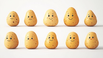 Obraz premium Happy potatoes, various sizes, white background, food illustration