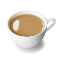 White ceramic cup containing tea or coffee with milk isolated on white background