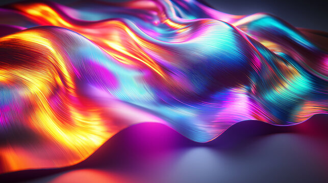 Abstrakte holografische Farbfläche mit fließenden Farben in Pink, Blau, Orange und Gelb. Die schillernde Oberfläche erinnert an flüssiges Metall mit Verlaufseffekten und Lichtreflektionen