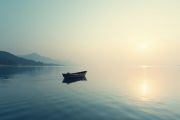 Serene Sunrise A Lone Rowboat on Calm Waters, Mirrored by the Peaceful Sky and Distant Hills