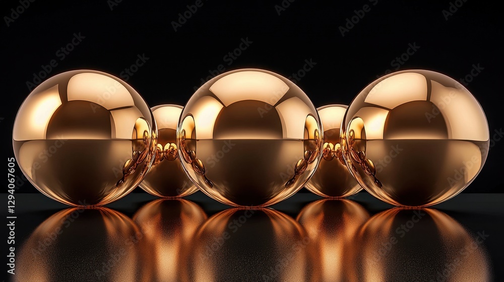 Poster multiple bronze spheres resting on a reflective dark surface, producing mesmerizing reflections and 