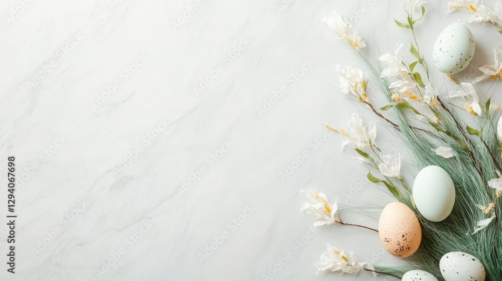 Poster abstract arrangement of easter grass and eggs placed in swirl on marble table creating elegant compo