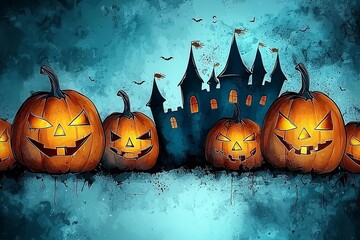 Spooky halloween illustration, pumpkins castle, dark, cartoon style for kids. High quality photo , isolated on white background,  , copy space, copy space for text,
